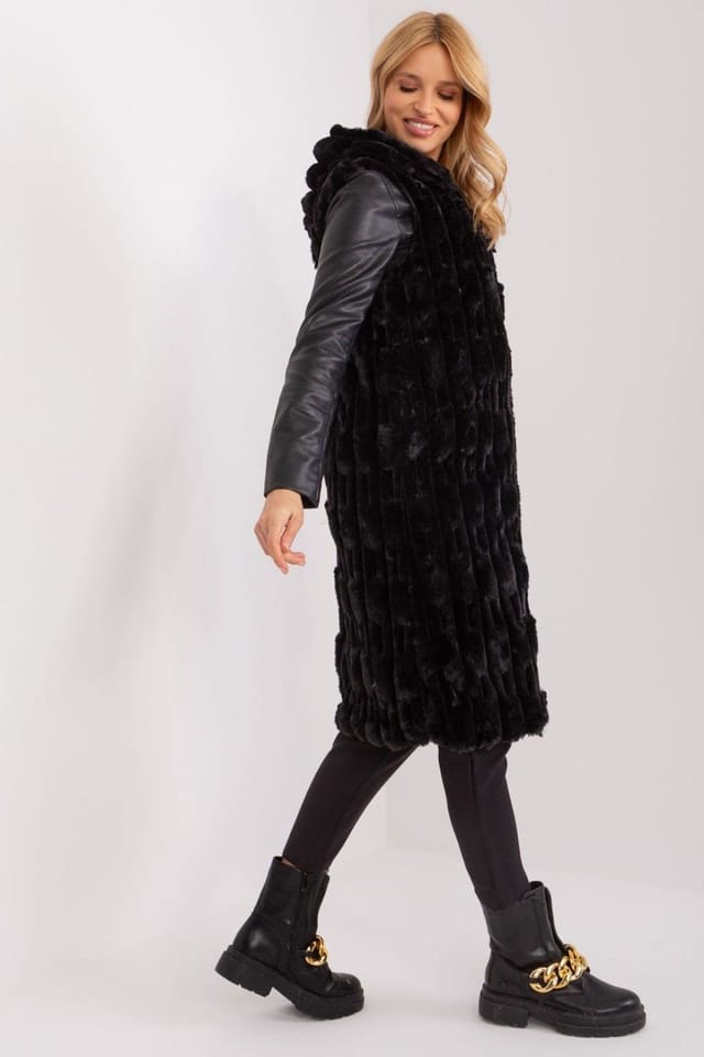 Love Lace Love Lace Women's Hooded Faux Fur Vest for Winter Office in Black - 2