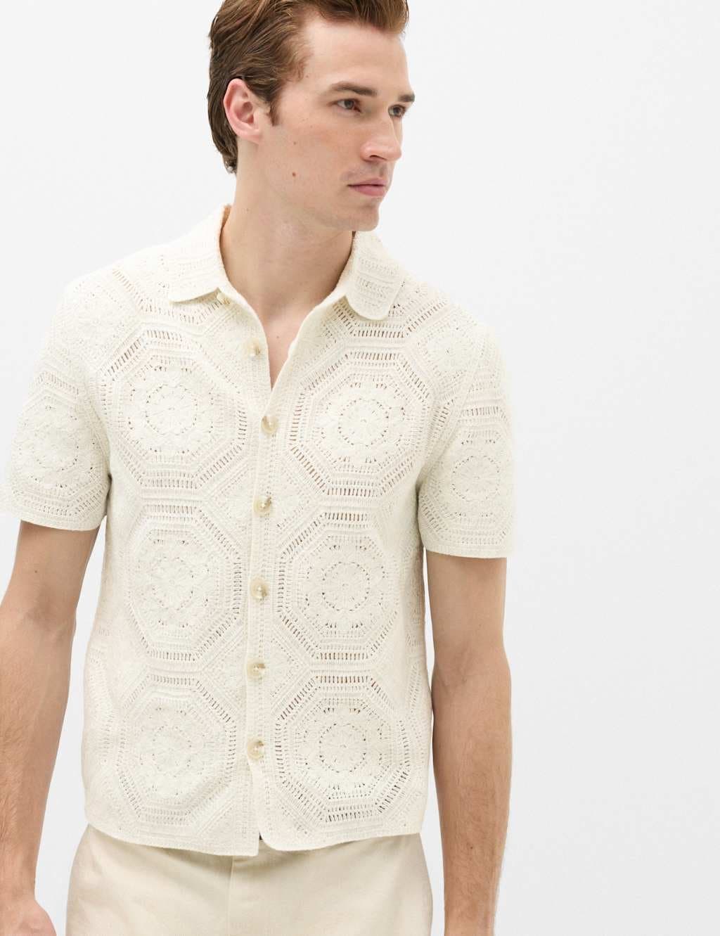 Marks & Spencer M&S Cotton Rich Button Through Knitted Polo Shirt Natural Mix