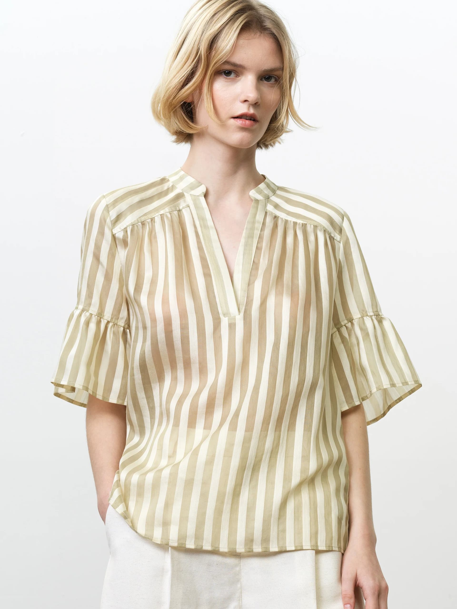 French Connection Adeline Relaxed Green Striped V Neck Top Cream/Green
