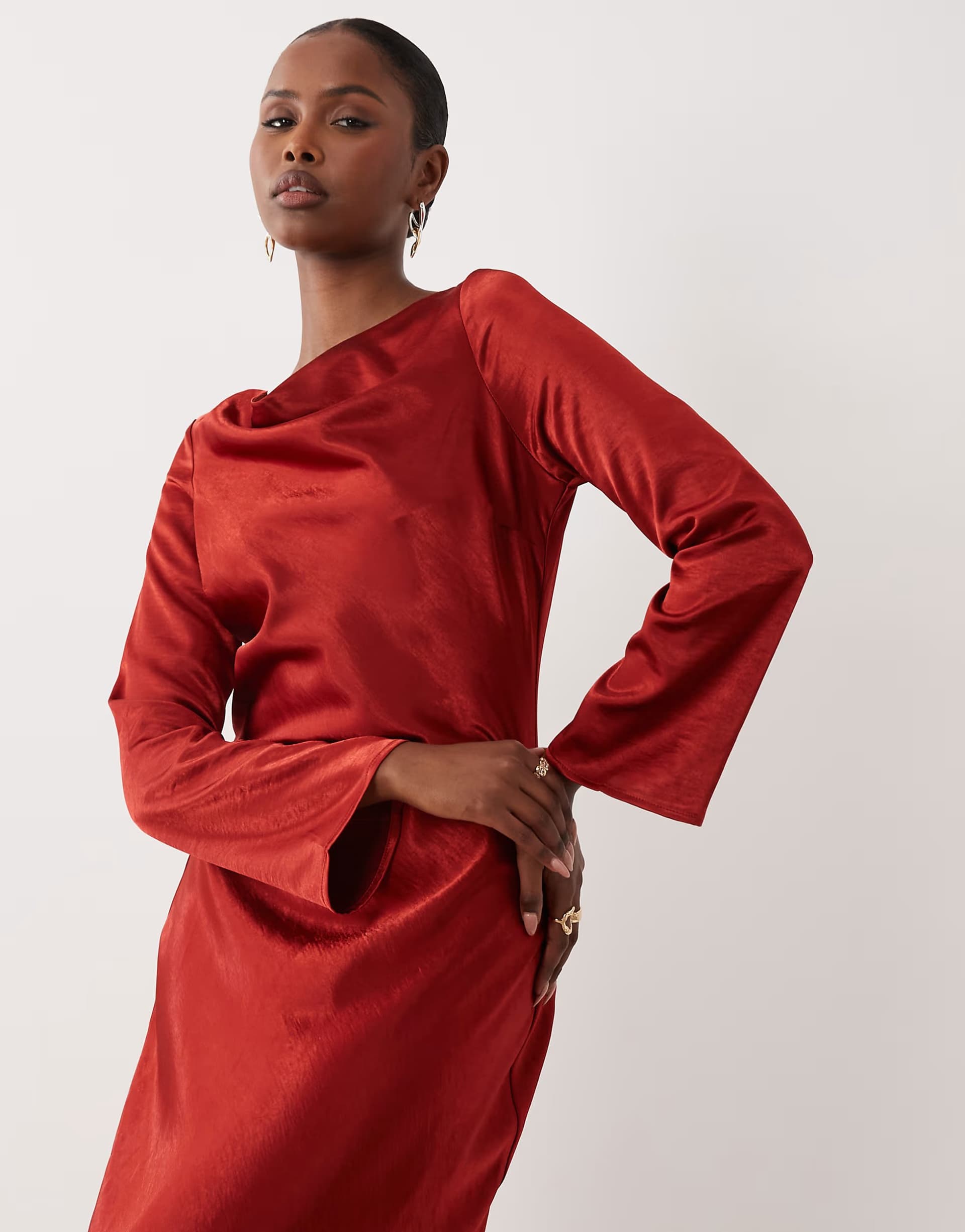 ASOS TFNC satin flared long sleeve maxi dress in bright red