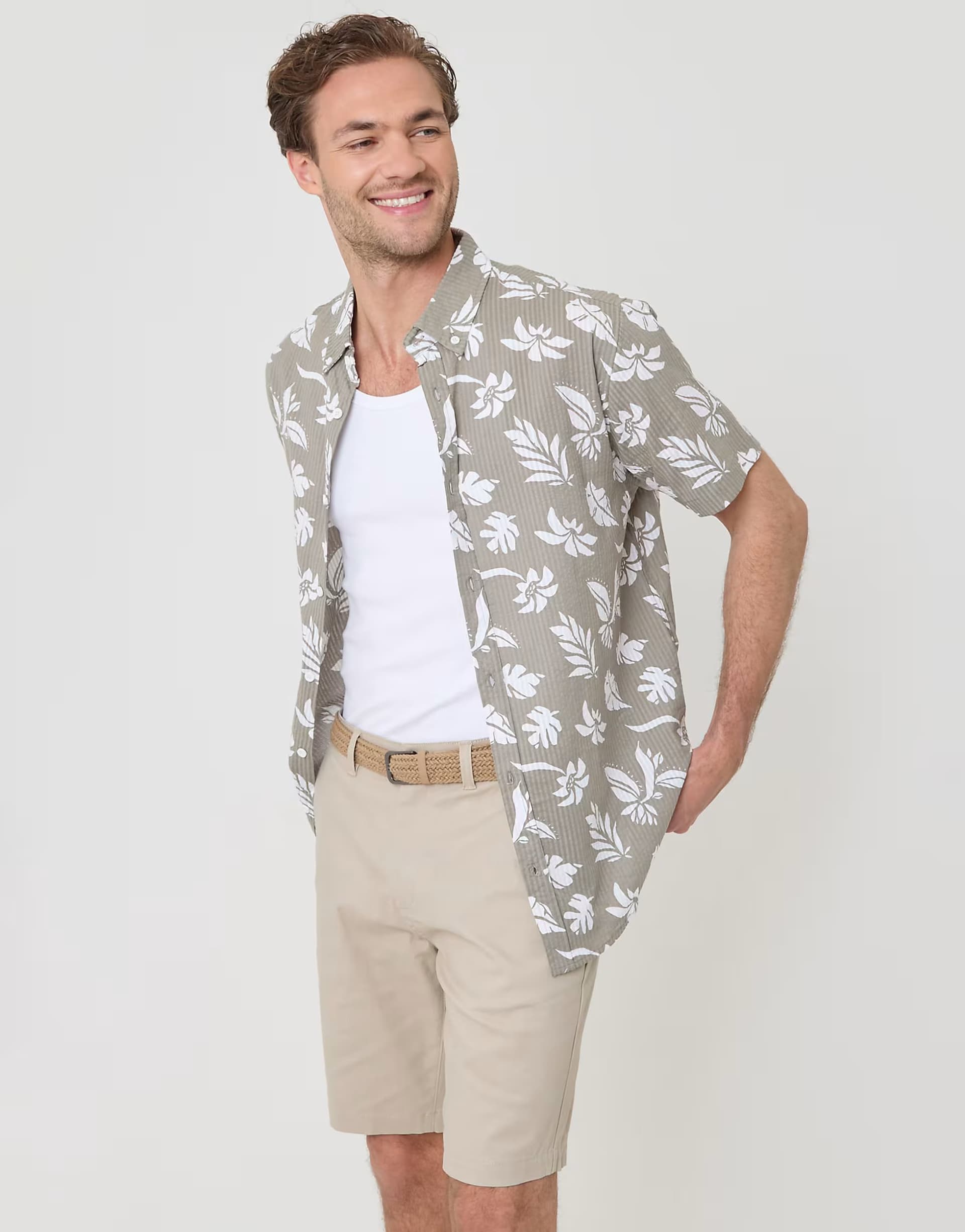 ASOS Threadbare Plant print cotton short sleeve shirt in pale green