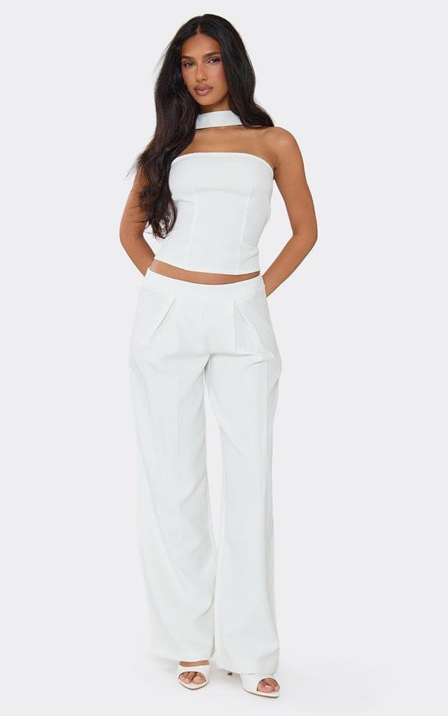 EGO Mid Rise Straight Leg Pleated Trouser In White, Women's Size UK 6 - 2