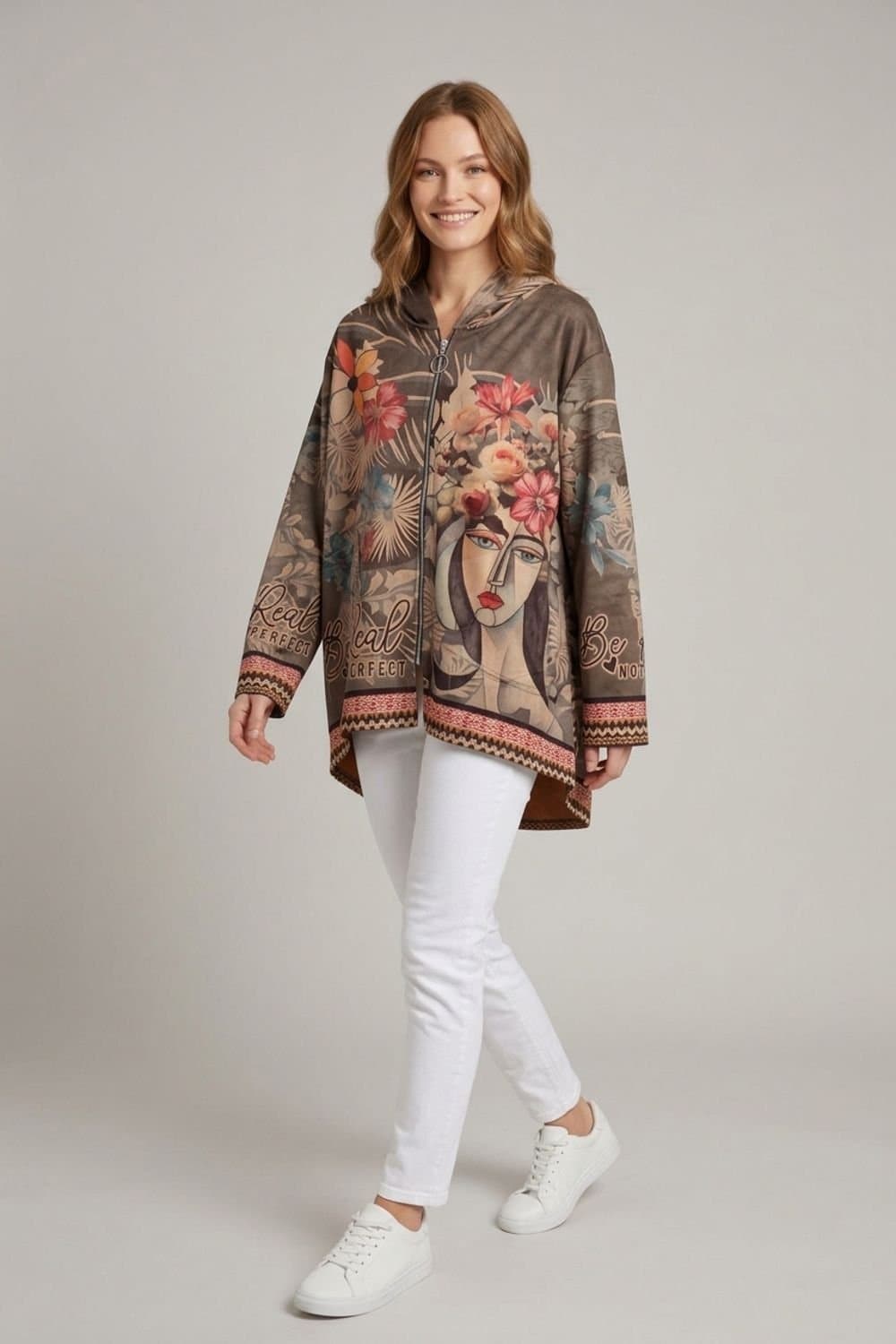 Izabel London Izabel London Women's Abstract Relaxed Hooded Zip Front Jacket in Green