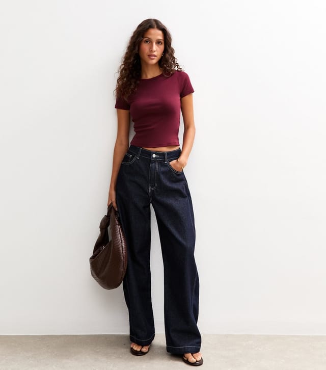 New Look Women's Burgundy Short Sleeve Baby Tee T-Shirt New Look - 2