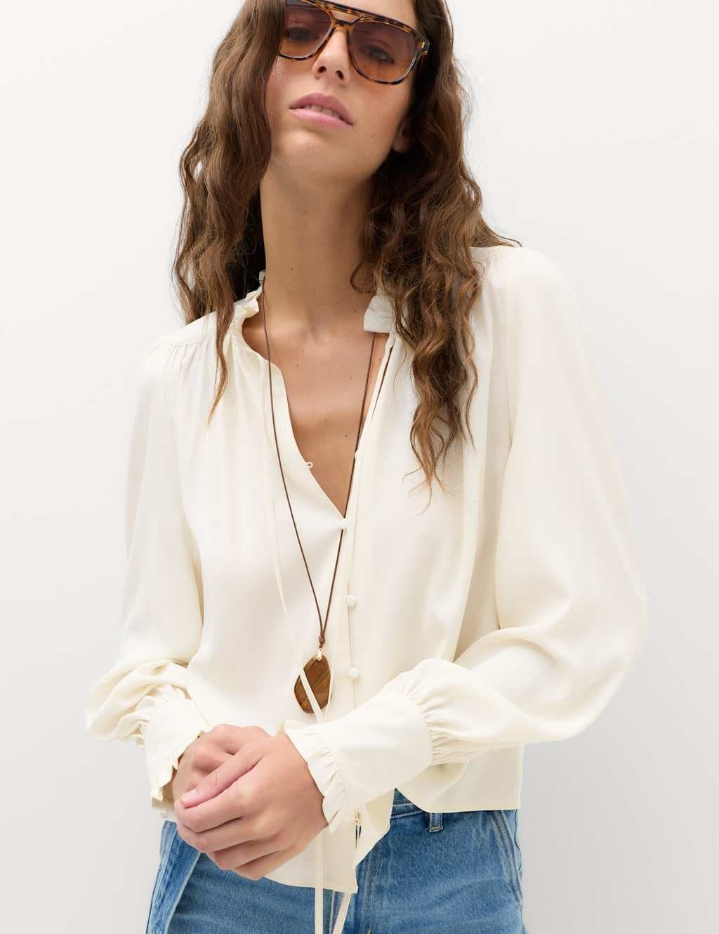 Marks & Spencer M&S Tie Neck Blouson Sleeve Blouse Ivory