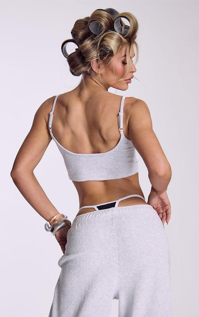 EGO Scoop Neck Cropped Cami Top In Grey Towelling Fabric, Women's Size UK 6 - 2