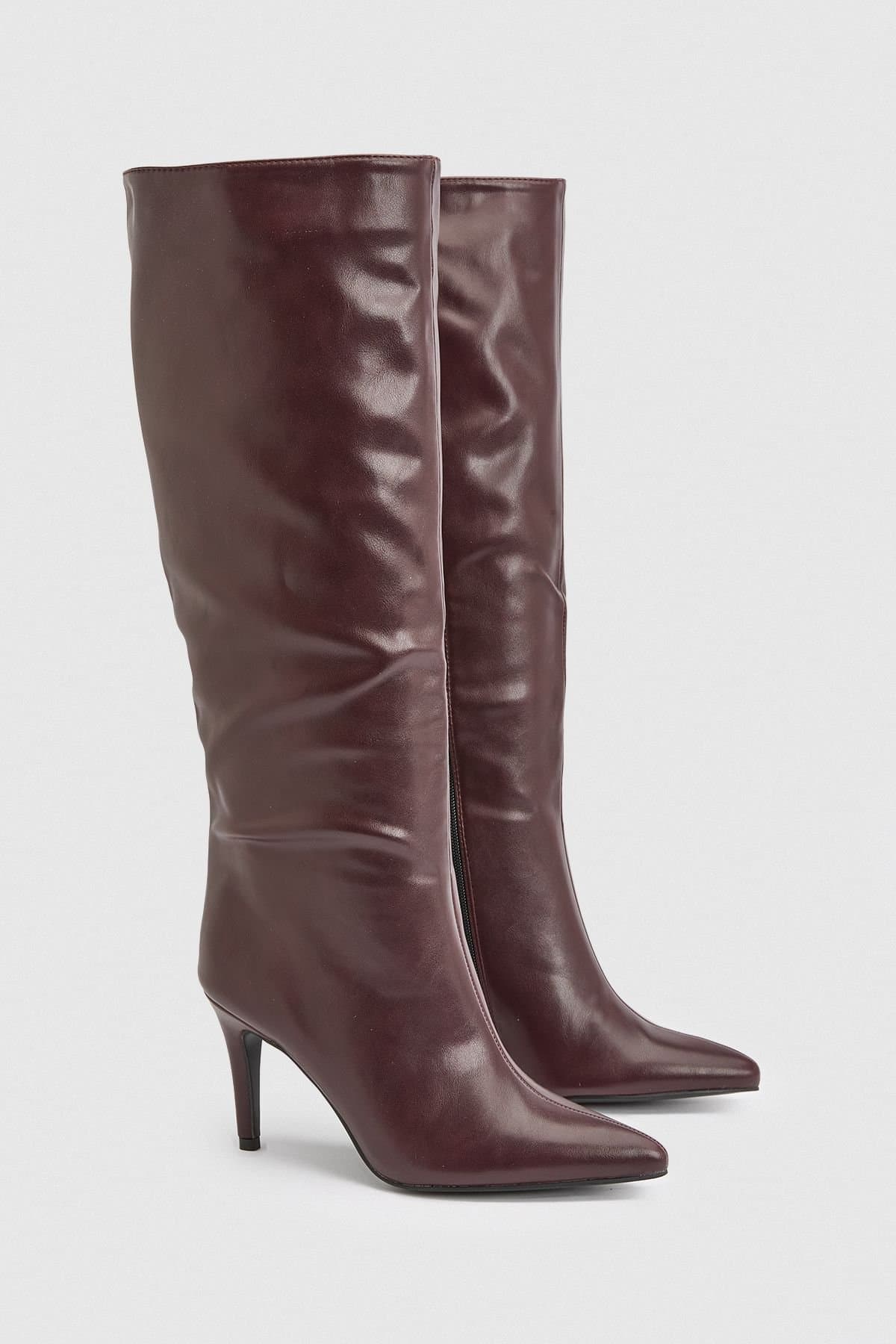 Wallis Wallis Women's Binky Faux Leather Stiletto Heel High Leg Boots in Burgundy
