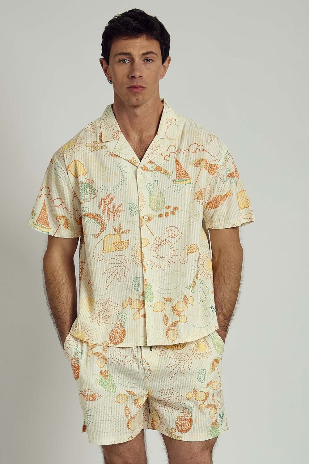 Native Youth Native Youth Men's Cotton Tropical Print Revere Collar Button Short Sleeve Shirt in Cream