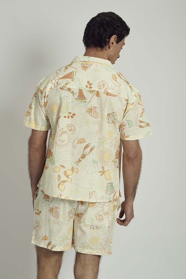 Native Youth Native Youth Men's Cotton Tropical Print Revere Collar Button Short Sleeve Shirt in Cream - 2