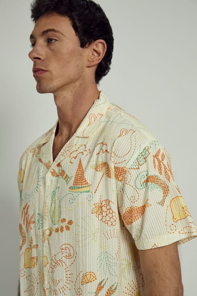 Native Youth Native Youth Men's Cotton Tropical Print Revere Collar Button Short Sleeve Shirt in Cream - 3