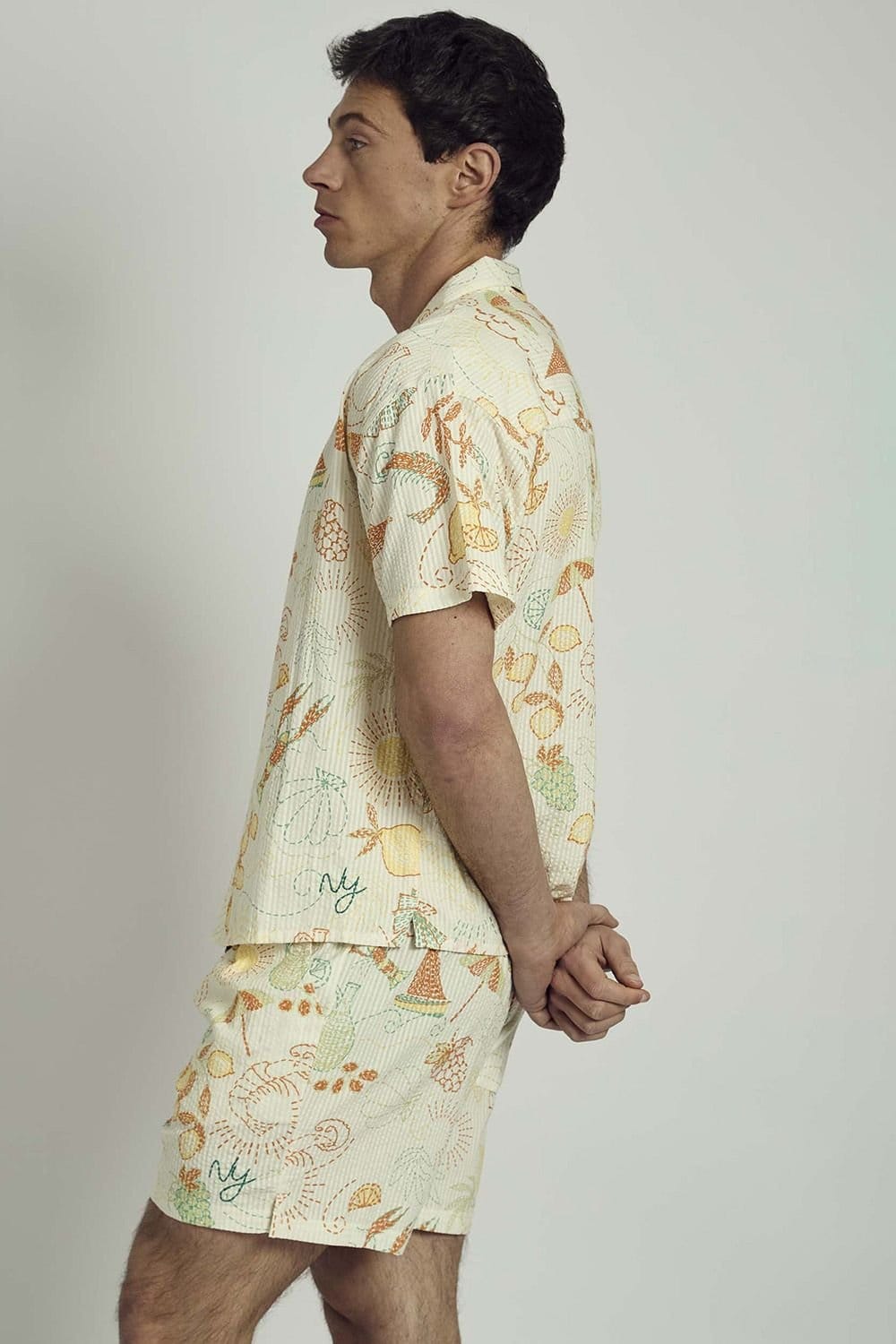 Native Youth Native Youth Men's Cotton Tropical Print Revere Collar Button Short Sleeve Shirt in Cream - 4