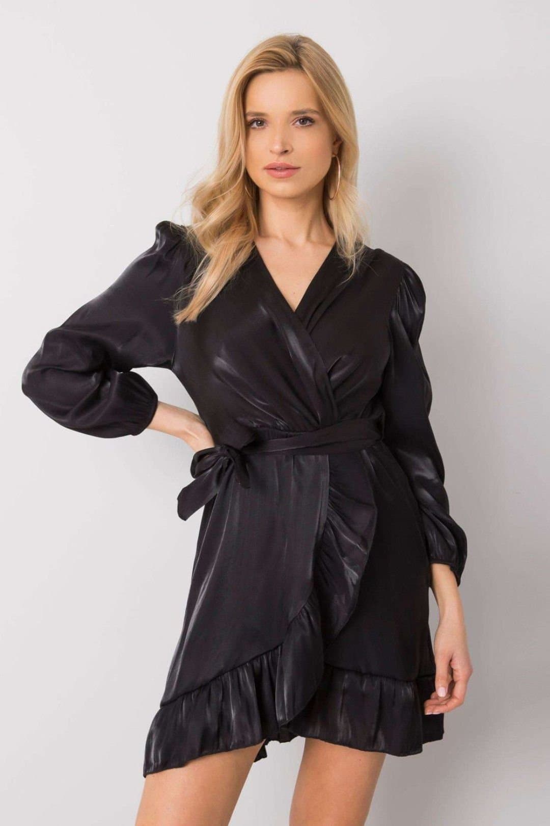 Love Lace Love Lace Women's Evening Long Sleeve Dress with Frill Belt in Black