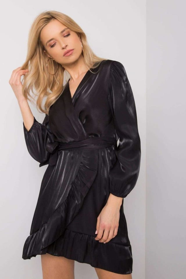 Love Lace Love Lace Women's Evening Long Sleeve Dress with Frill Belt in Black - 2