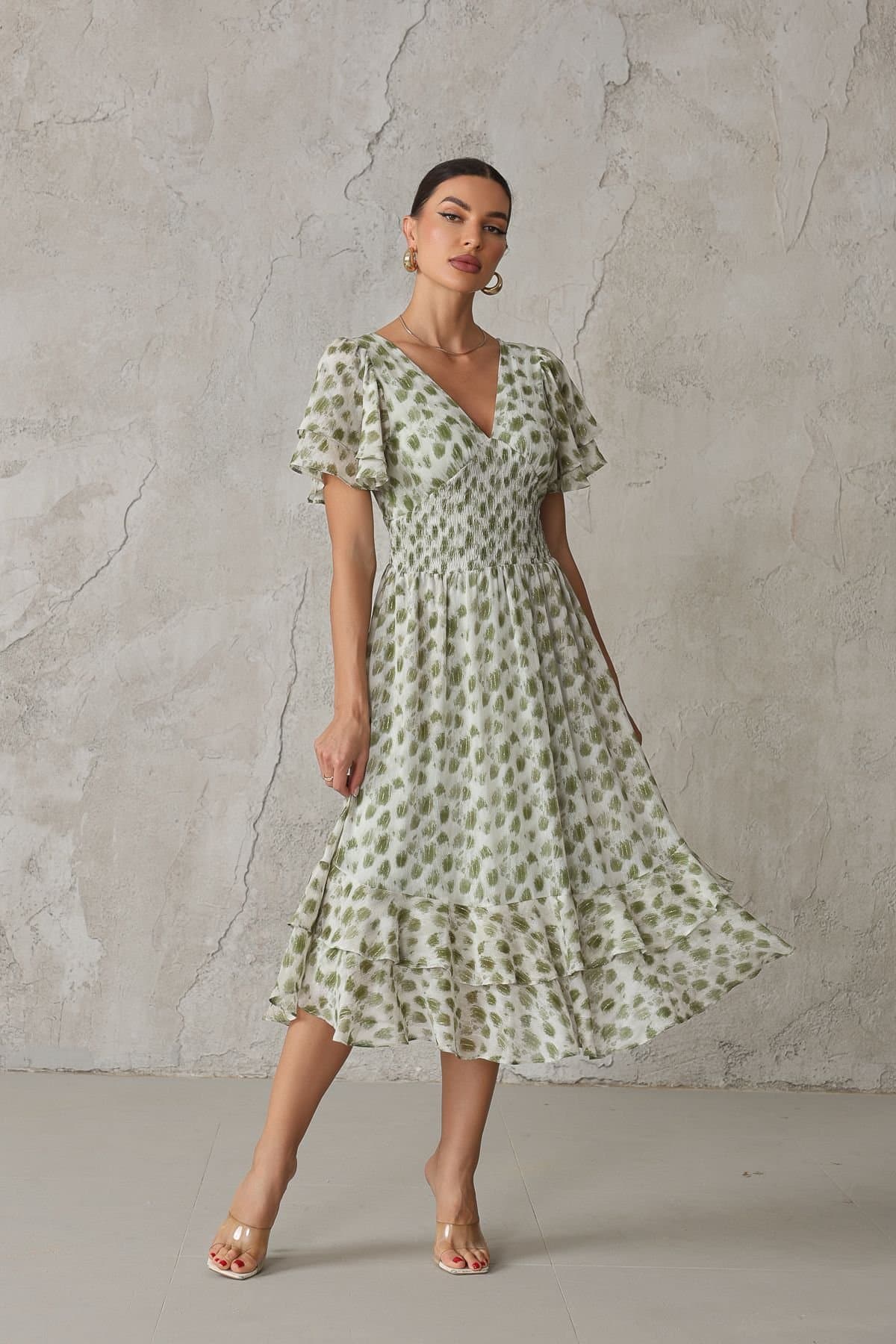 Jolie Moi Jolie Moi Women's Frill Hem Chiffon Midi Dress in Green