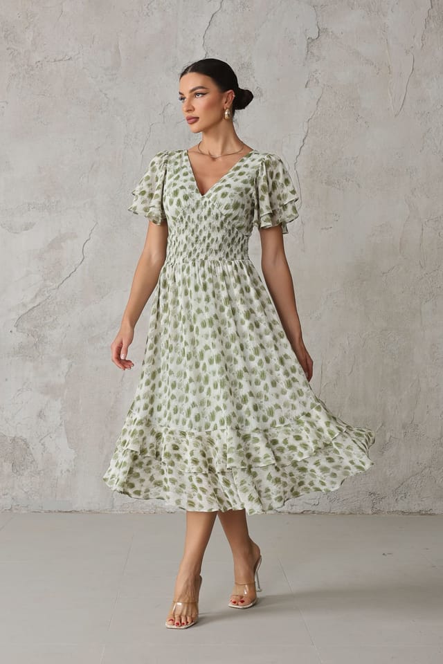 Jolie Moi Jolie Moi Women's Frill Hem Chiffon Midi Dress in Green - 3
