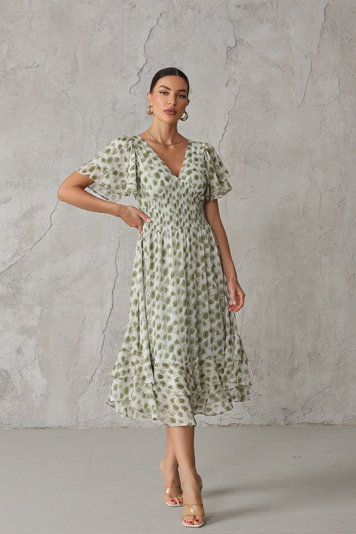 Jolie Moi Jolie Moi Women's Frill Hem Chiffon Midi Dress in Green - 4
