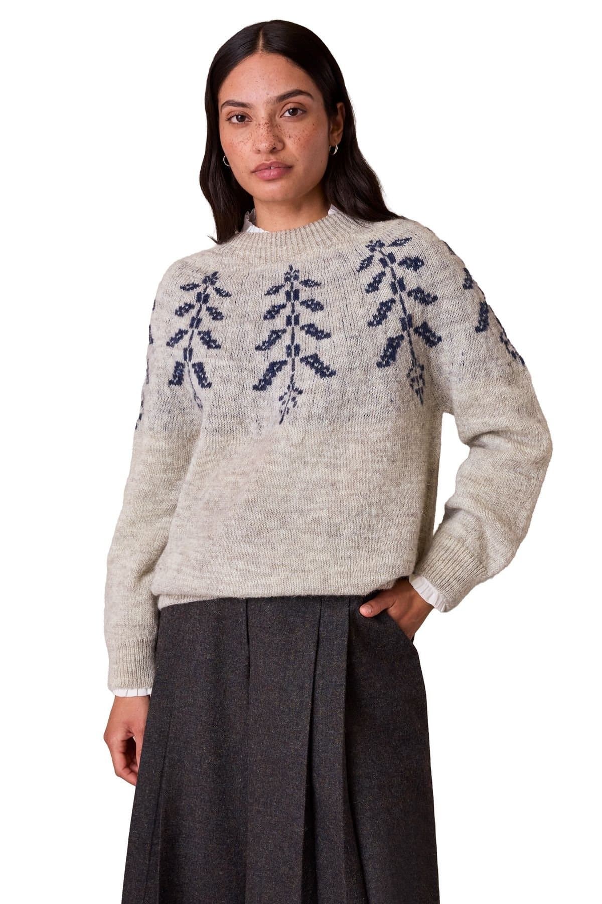 Celtic & Co Celtic & Co Women's British Wool Botanical Fair Isle Sweater in Light Grey