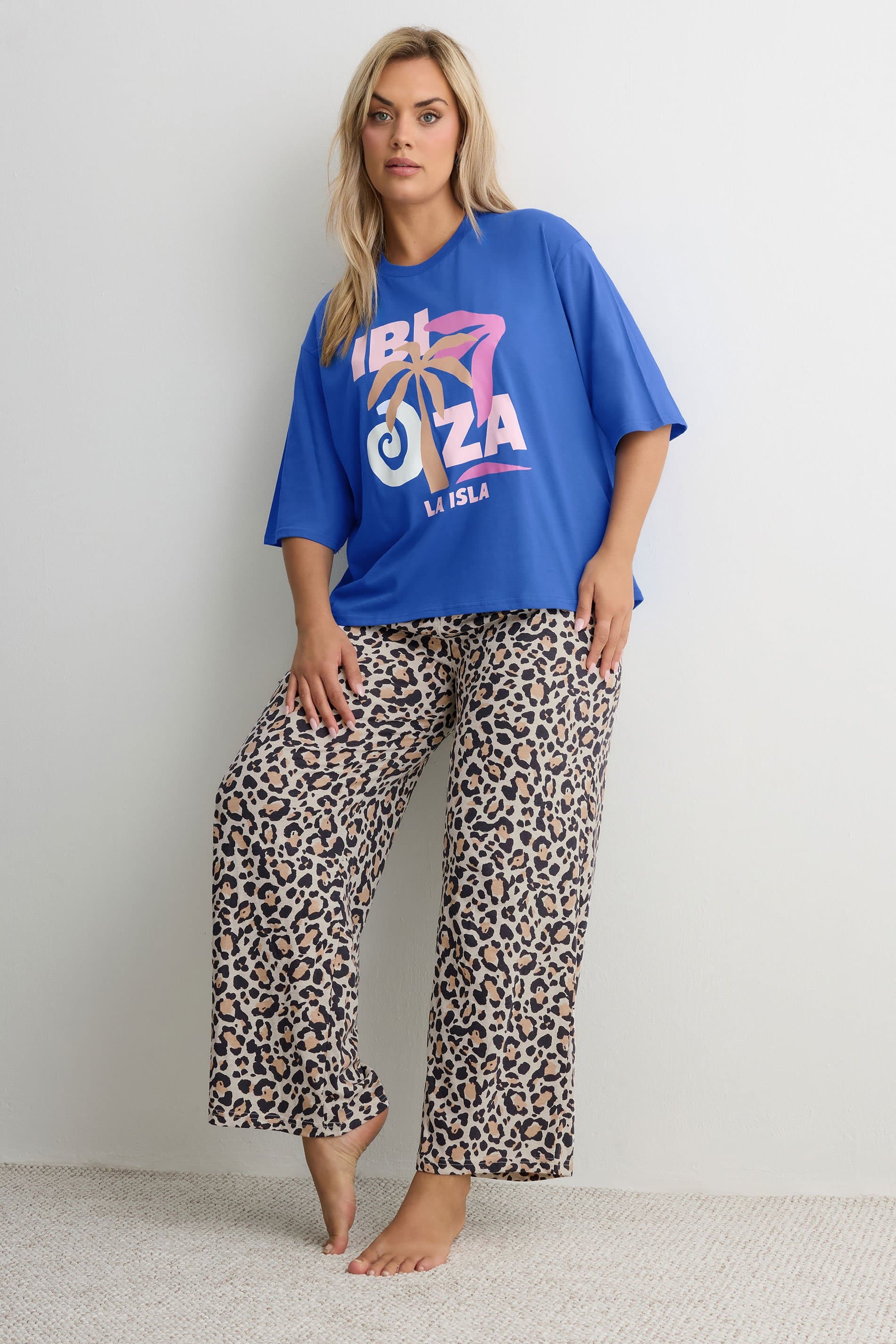 Yours Plus Size Blue & Leopard Print 'Ibiza' Pyjama Set