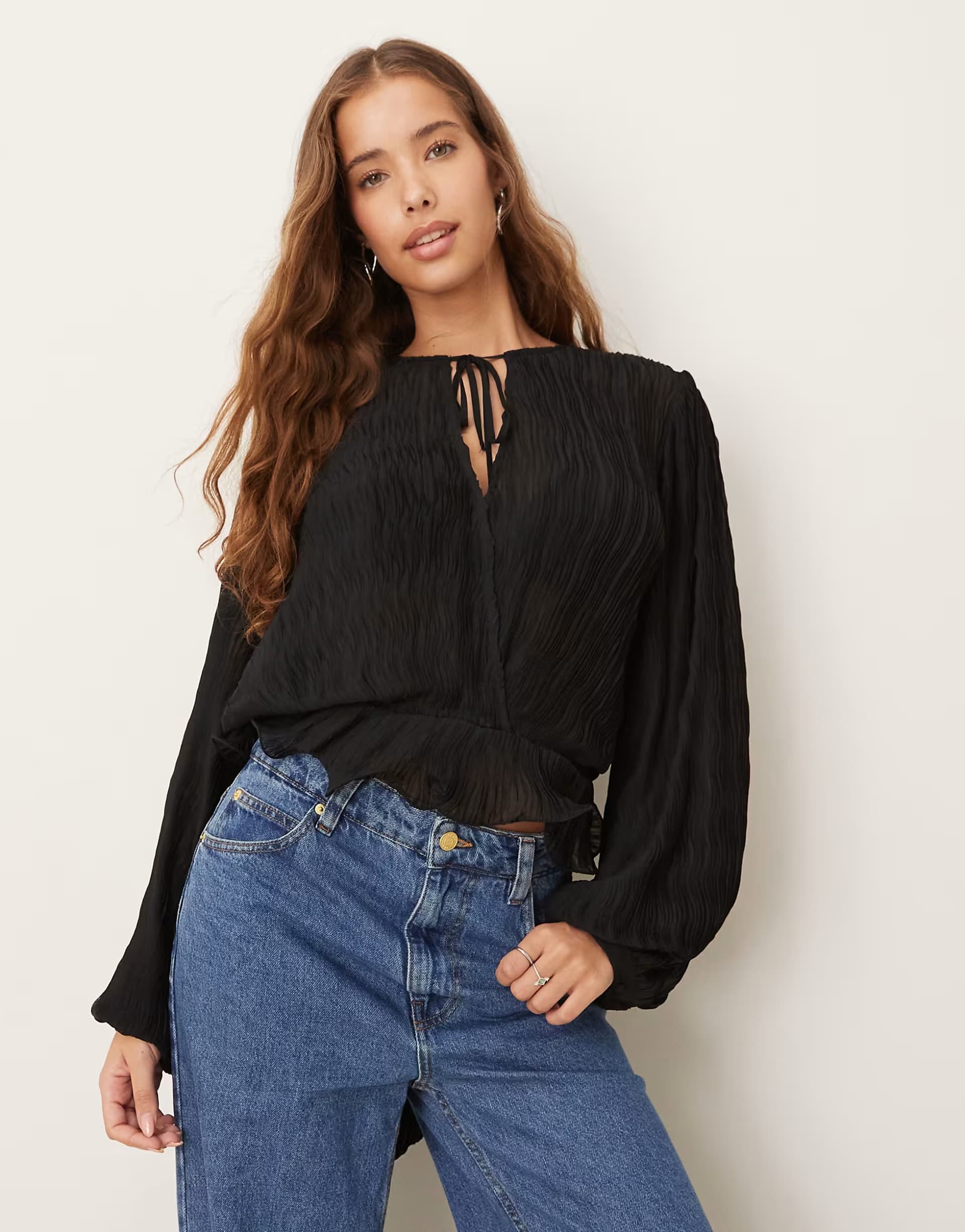 ASOS Gina Tricot crinkle long sleeve wrap blouse with tie detail in black