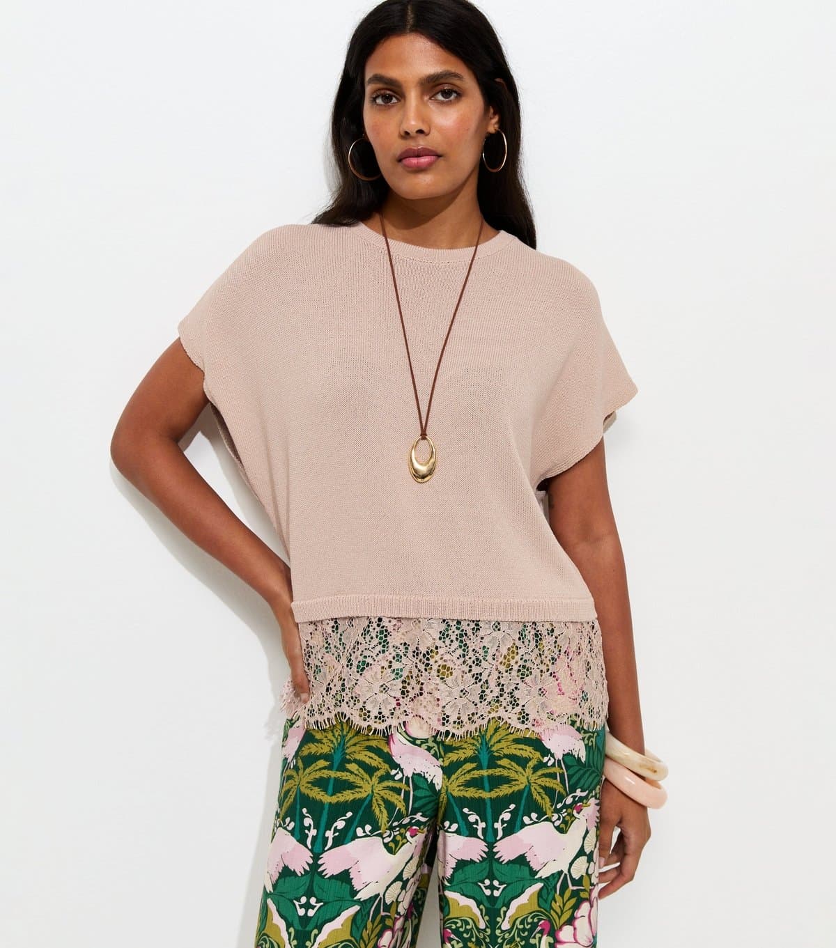New Look New Look Pink Knit Lace Hem Batwing Top