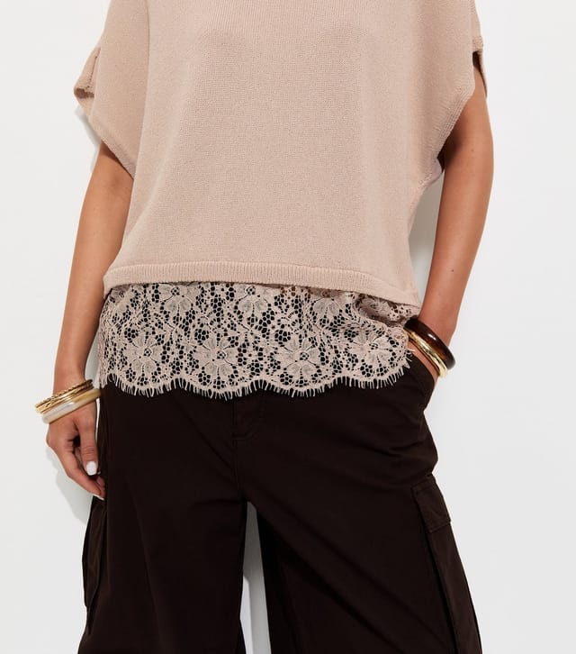 New Look Women's Pink Knit Lace Hem Batwing Top New Look - 2