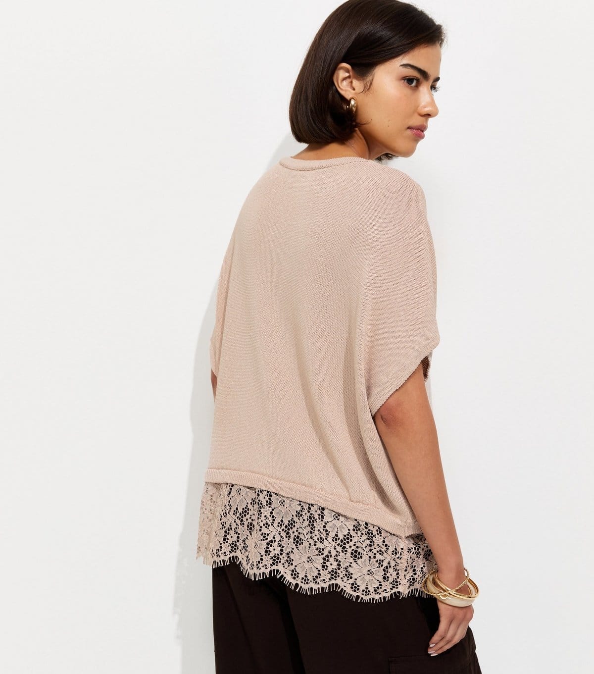New Look Women's Pink Knit Lace Hem Batwing Top New Look - 4