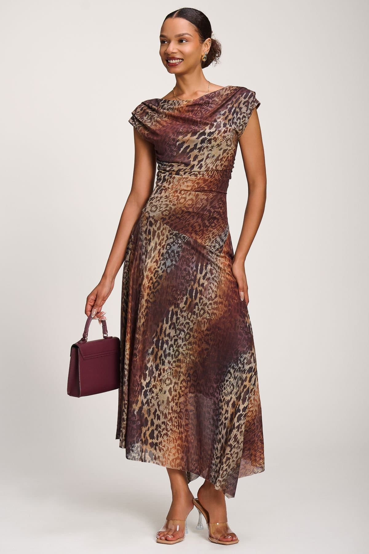 Jolie Moi Jolie Moi Women's Asymmetrical Draped Mesh Maxi Dress in Light Brown