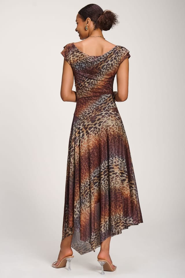 Jolie Moi Jolie Moi Women's Asymmetrical Draped Mesh Maxi Dress in Light Brown - 2