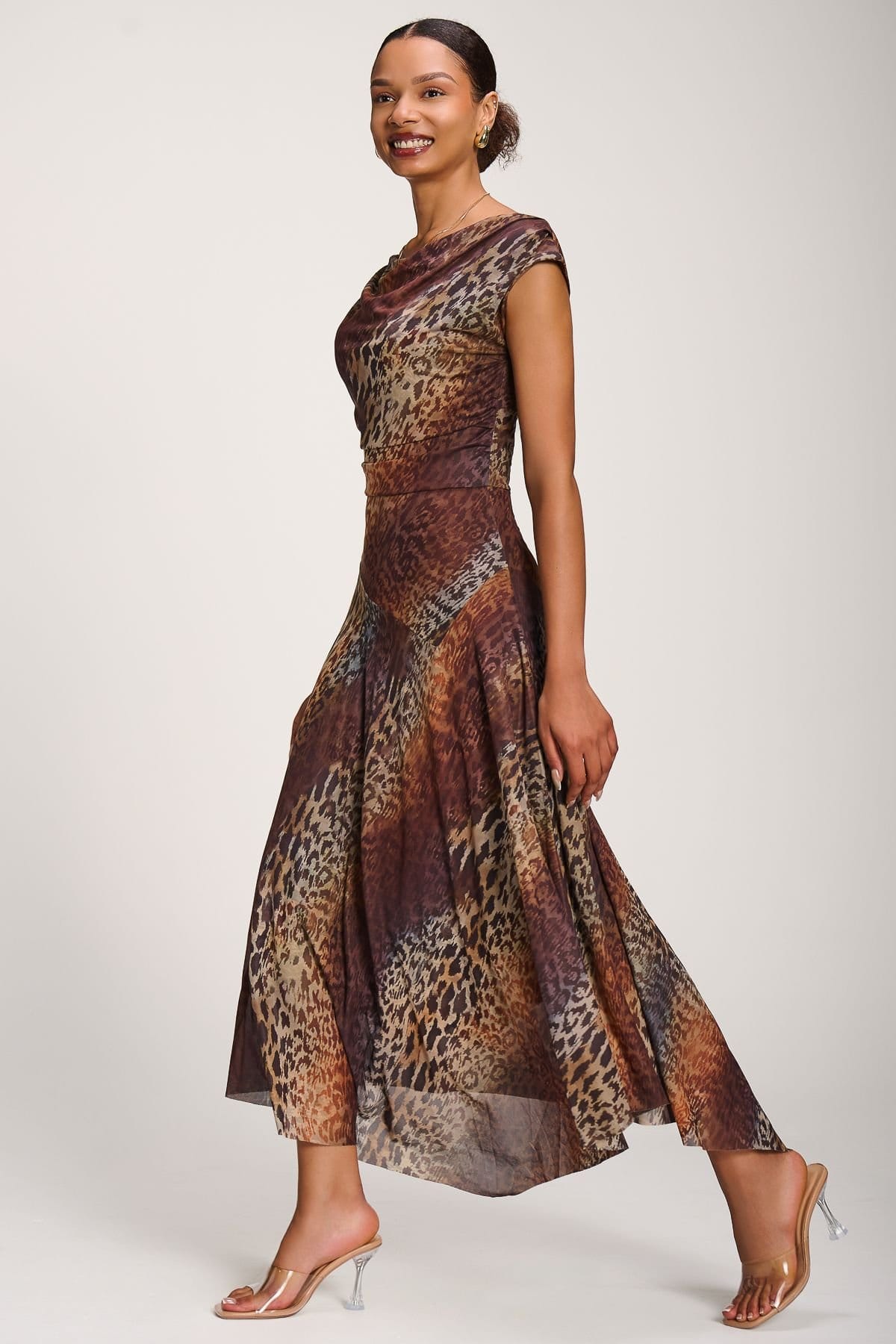 Jolie Moi Jolie Moi Women's Asymmetrical Draped Mesh Maxi Dress in Light Brown - 4