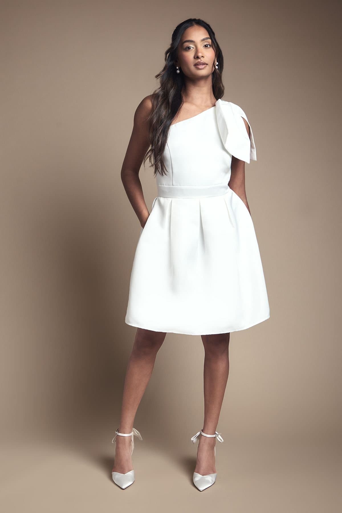 Coast Coast Women's One Shoulder Statement Bow Bridal Mini Dress in Ivory