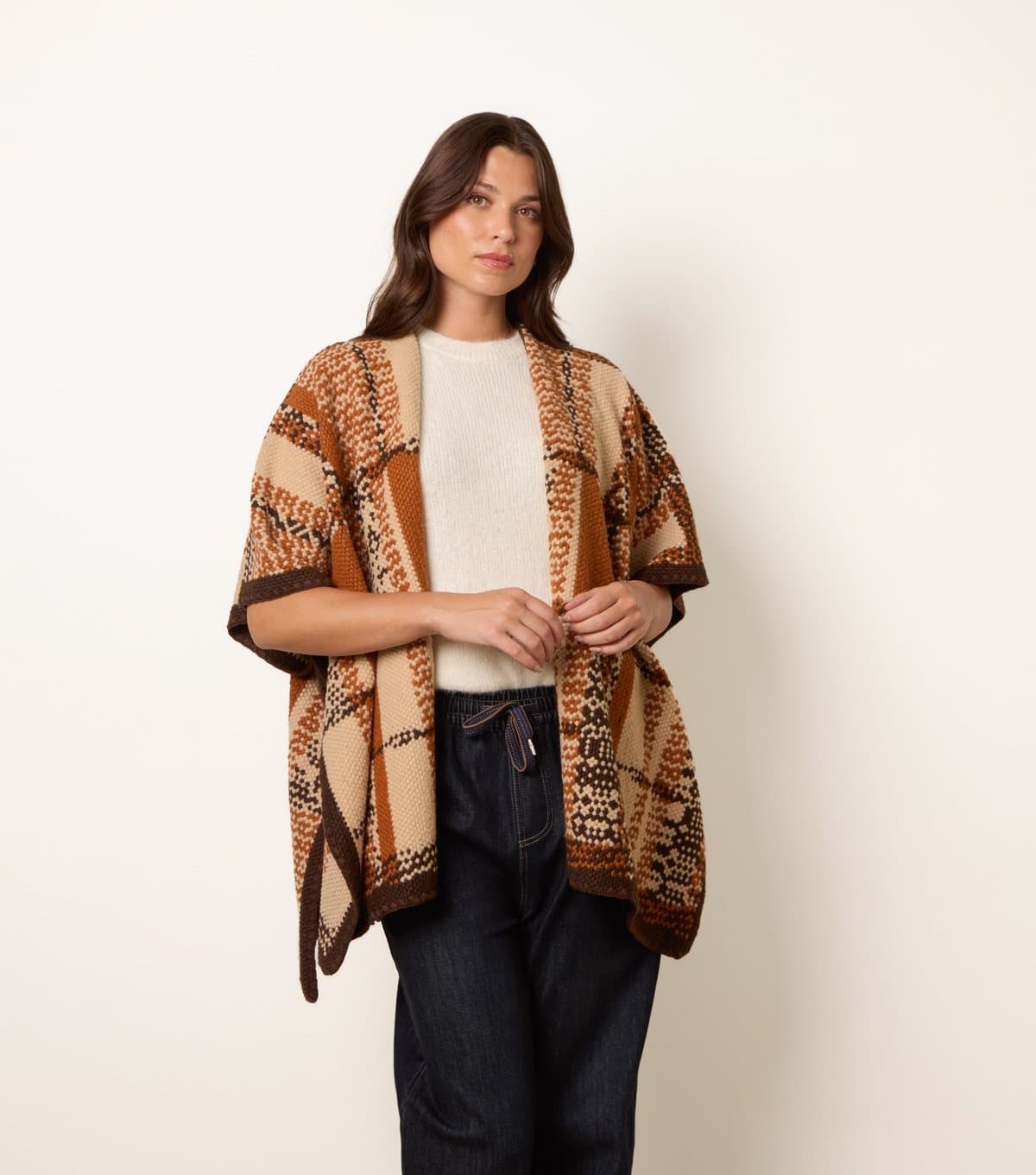 Blue Vanilla Brown Geometric Patchwork Poncho Blue Vanilla New Look