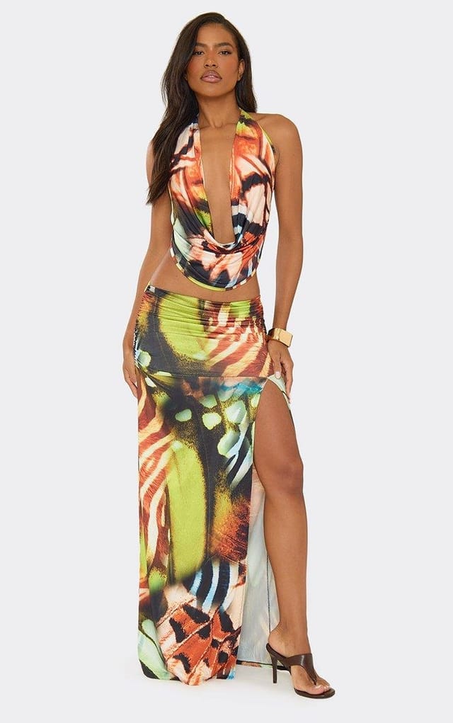 EGO Mid Rise Side Split Maxi Skirt In Multi Print, Women's Size UK 6 - 2