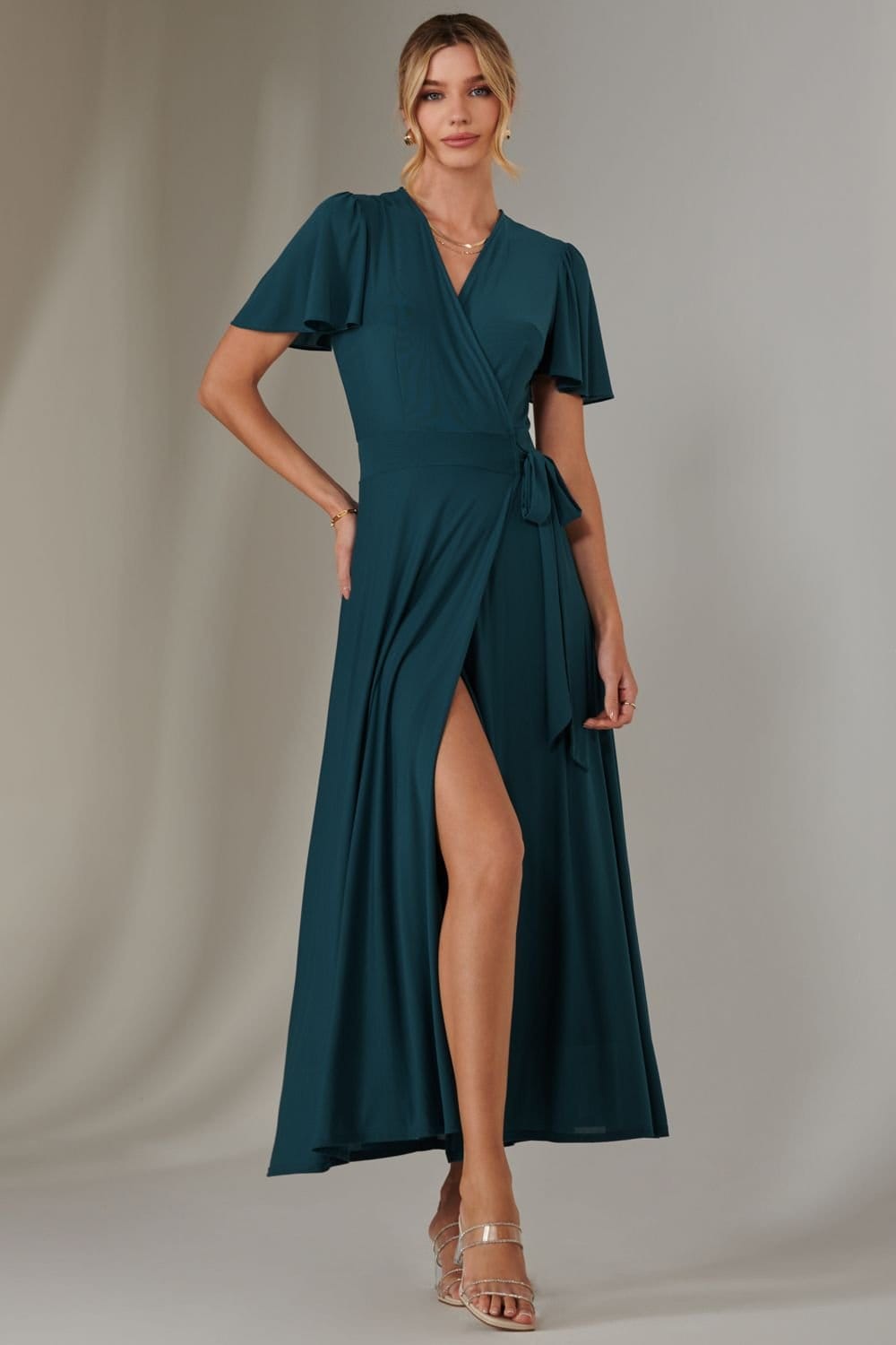 Jolie Moi Jolie Moi Women's Angel Sleeve Wrapped Mesh Maxi Dress in Teal - 4
