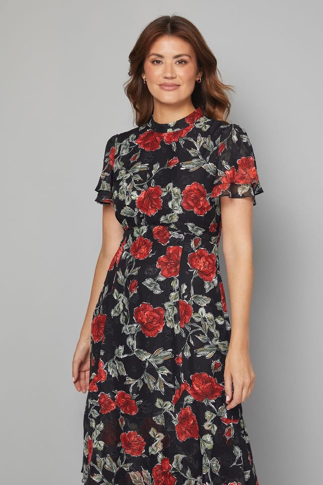 Wallis Wallis Women's Floral Burn Out Ruffle Midi Dress in Black - 2