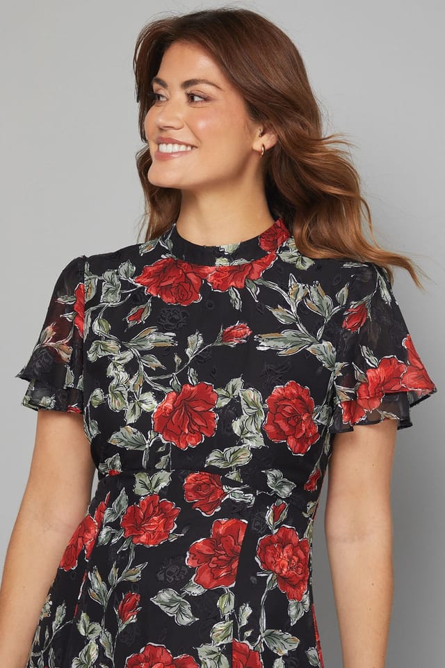 Wallis Wallis Women's Floral Burn Out Ruffle Midi Dress in Black - 3
