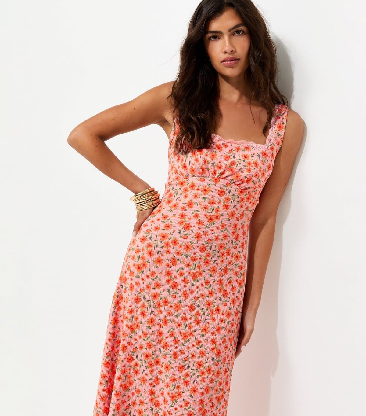New Look Women's Pink Floral Square Neck Lace Trim Midi Dress New Look