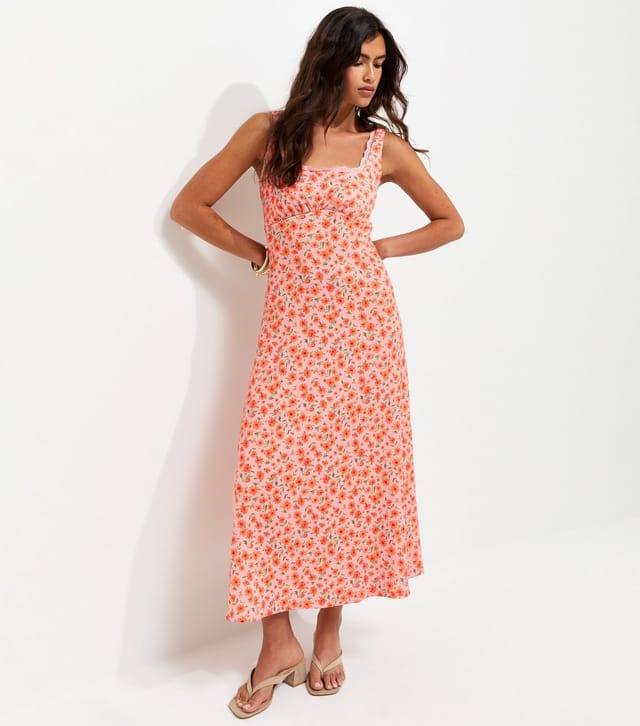 New Look Women's Pink Floral Square Neck Lace Trim Midi Dress New Look - 2