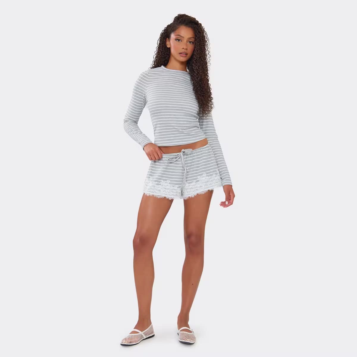 EGO Drawstring Waist Lace Trim Shorts In Grey Striped Soft Jersey., Women's Size UK 6