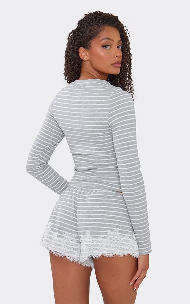 EGO Drawstring Waist Lace Trim Shorts In Grey Striped Soft Jersey., Women's Size UK 6 - 2