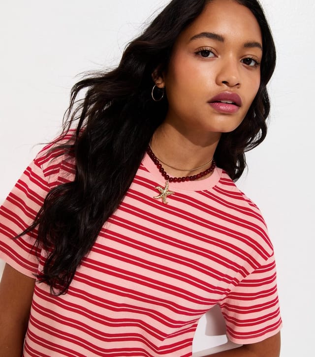 New Look Women's Pink and Red Cotton Striped T-Shirt New Look - 2