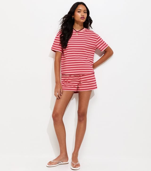 New Look Women's Pink and Red Cotton Striped T-Shirt New Look - 3