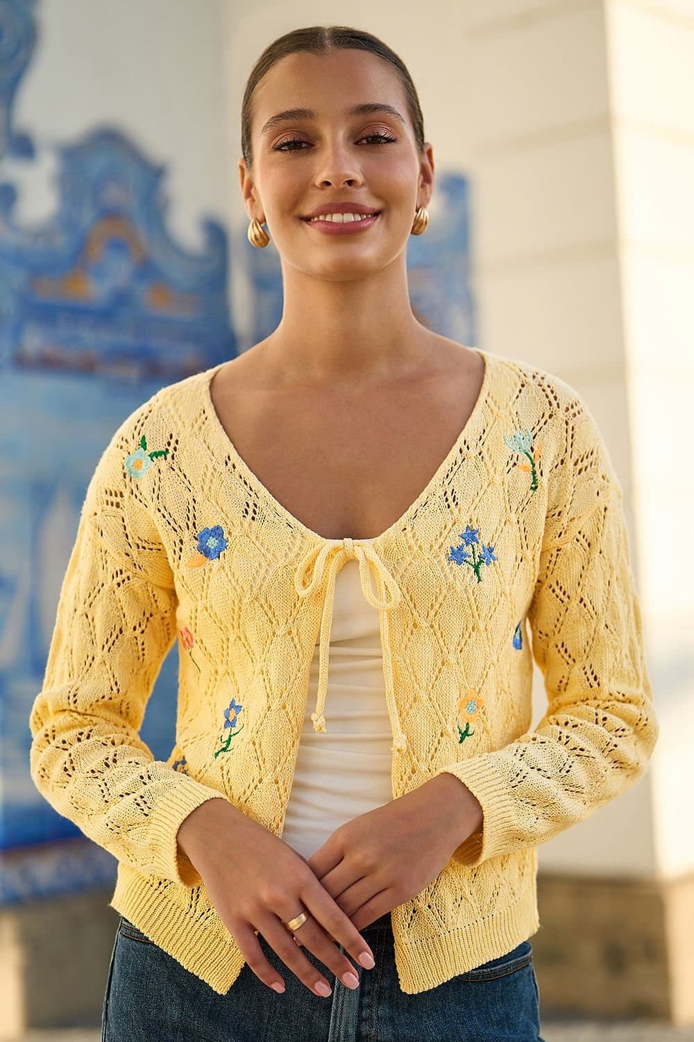 Yumi Yumi Women's Butter Yellow Embroidered Pointelle Cardigan