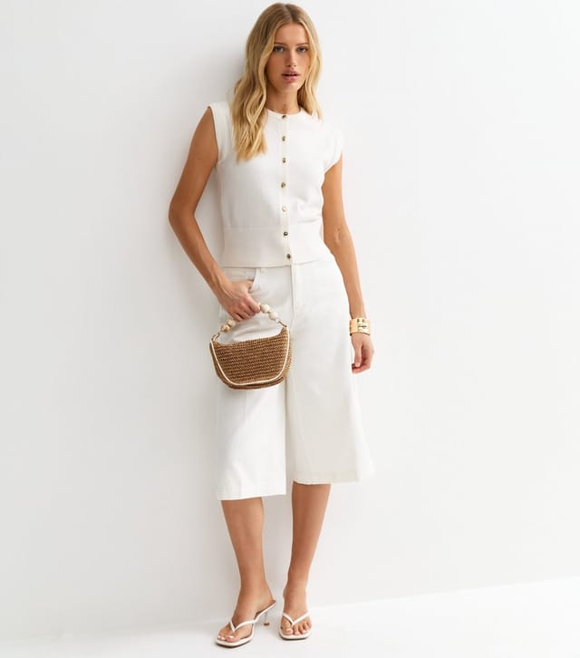 New Look Women's Cream Knit Abstract Button Waistcoat New Look - 3
