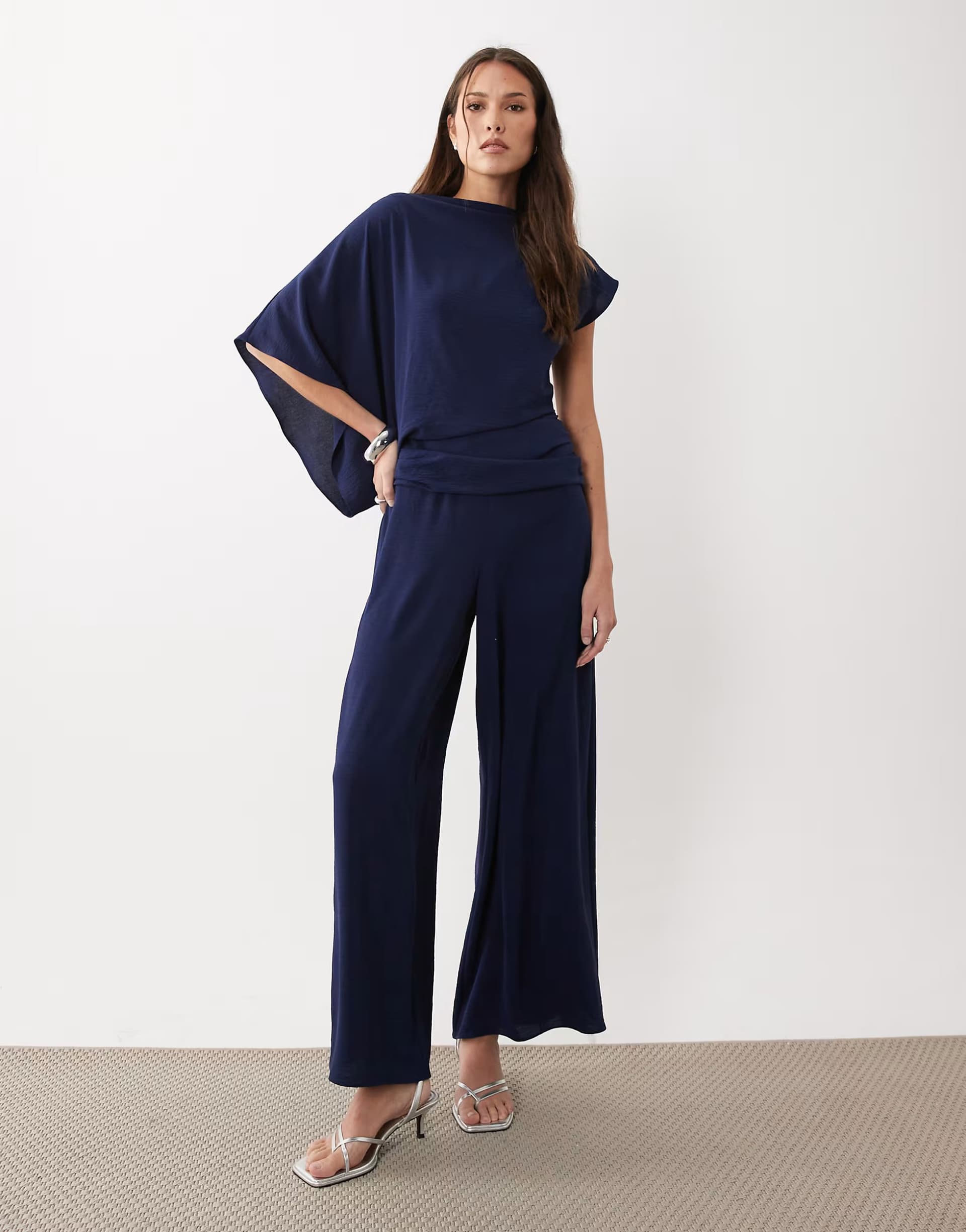ASOS ASOS DESIGN draped fallen shoulder jumpsuit in navy
