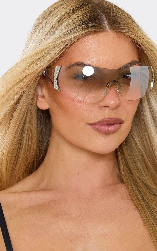 EGO Diamante Detail Clear Lense Frameless Sunglasses In Silver, Women's Size UK 0 - 2