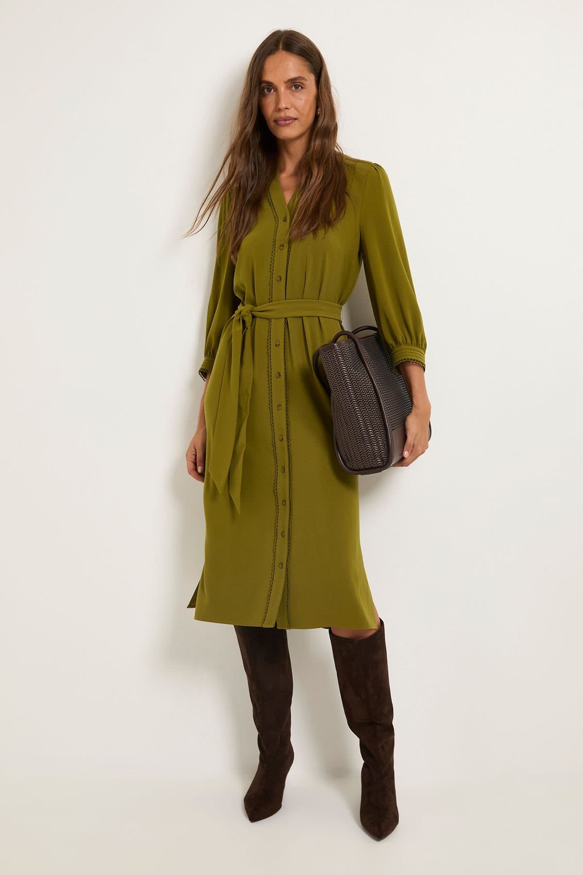 Wallis Wallis Women's Button Through Belted Shirt Dress in Green