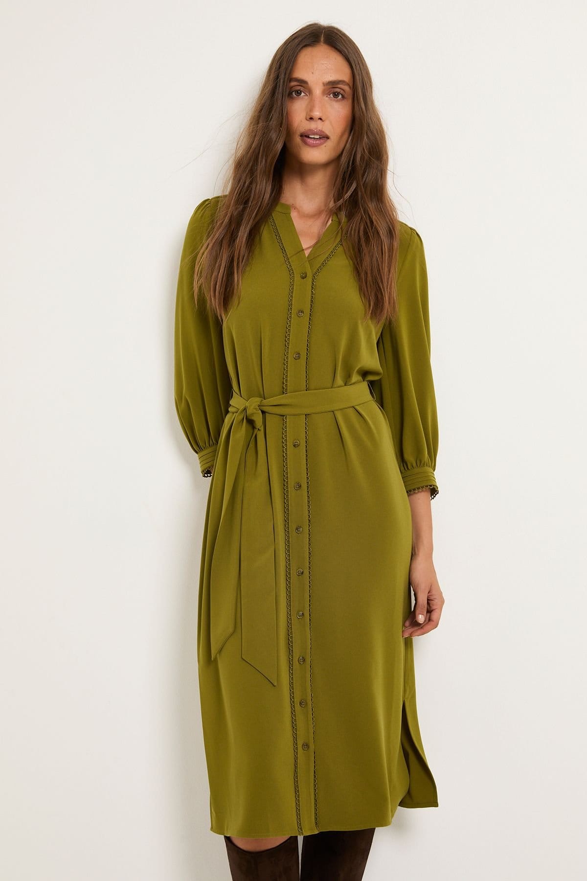 Wallis Wallis Women's Button Through Belted Shirt Dress in Green - 4