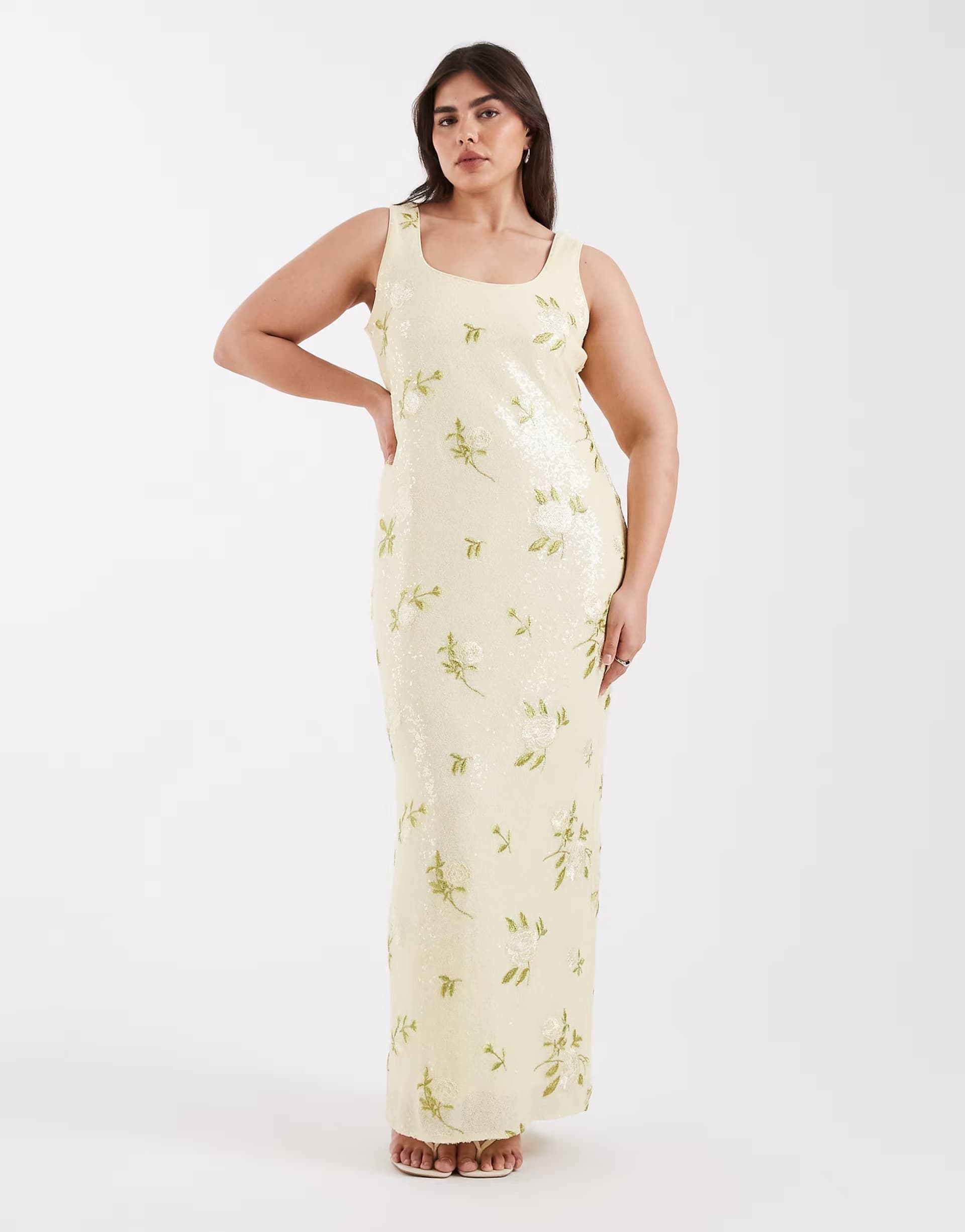 ASOS Pretty Lavish Curve sequin scoop neck maxi dress in lemon floral