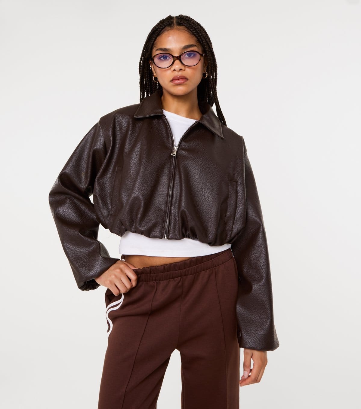 Pink Vanilla Dark Brown Faux Leather Puffball Jacket