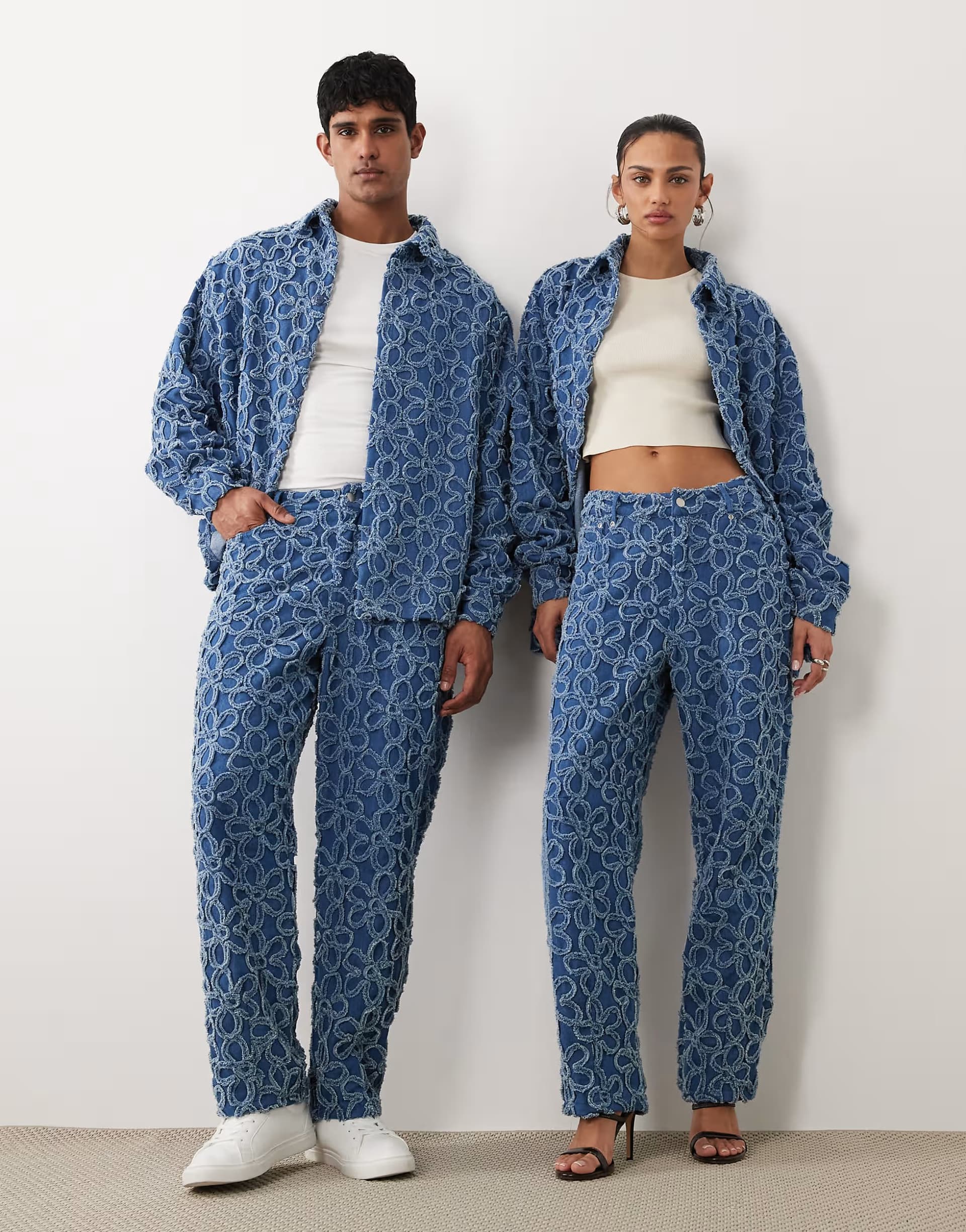 ASOS Sister Jane Unisex Fleur mid waist denim jeans co-ord in mid blue wash